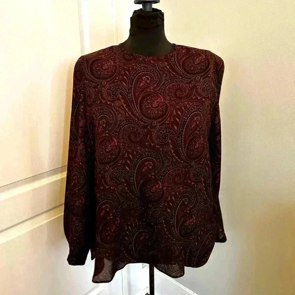 Ciao Sport Vintage Womens 8 Silk Brown Paisley‎ Scarf Long Sleeve Button Blouse - Picture 5 of 14